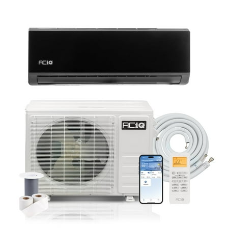 ACiQ 19 SEER2 Essentials 18000 BTU Comfortable Mini Split AC/Heating System, 1.5 Ton Black Wall Mount Ductless Heat Pump AC Unit, with 16ft Installation Kit | WiFi Control, 208/230V, R454B