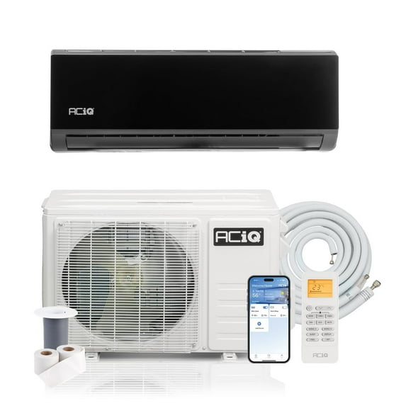 ACiQ 19 SEER2 Essentials 9000 BTU Comfortable Mini Split AC/Heating System, 0.75 Ton Black Wall Mount Ductless Heat Pump AC Unit, with 16ft Installation Kit | WiFi Control, 208/230V, R454B