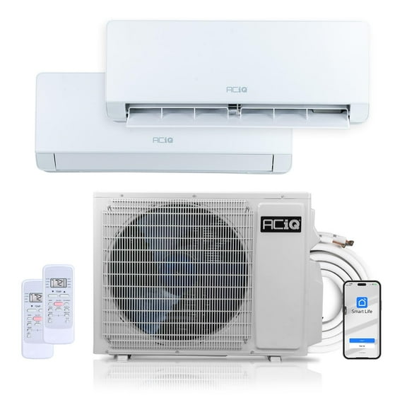 ACiQ 22 SEER2 Essentials 18000 BTU Dual Zone Wall Mount Mini Split AC/Heating System - R32 | 9000 + 9000 BTU 230v Ductless Heat Pump with 15ft Installation Kit