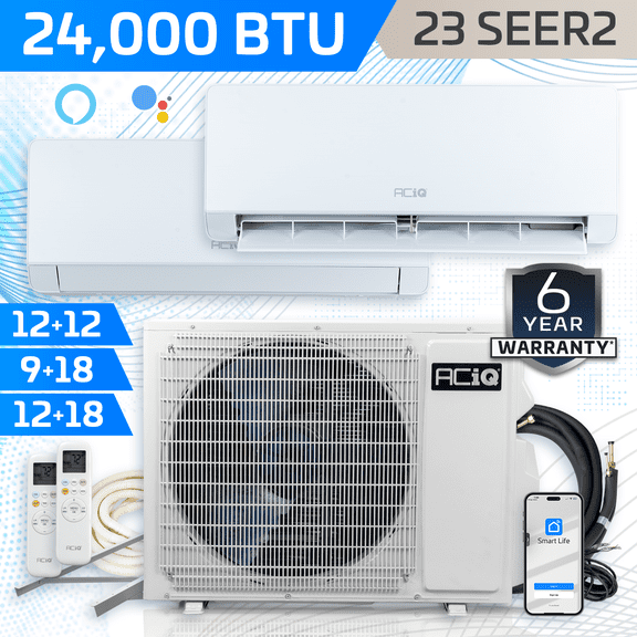 ACiQ 23 SEER2 Essentials 24000 BTU Dual Zone Wall Mount Mini Split AC/Heating System - R32 | 12000 + 12000 BTU 230v Ductless Heat Pump with 15ft Installation Kit