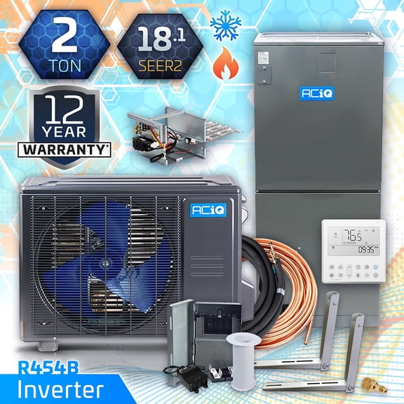 ACiQ 24,000 BTU Standard Unitary Mini Split AC/Heating System | 10kW Backup Heat Kit and 30' Install Kit | High Efficiency Ducted Condenser & Air Handler | HVAC Systems R-454B Refrigerant