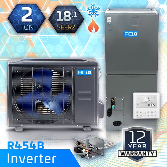 ACiQ 24,000 BTU Standard Unitary Mini Split AC/Heating System | 10kW Backup Heat Kit and Free Thermostat | High Efficiency Ducted Condenser & Air Handler | HVAC Systems R-454B Refrigerant