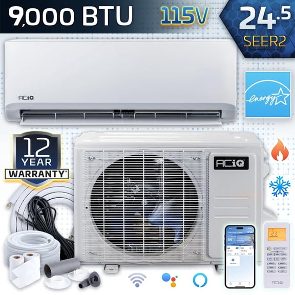 ACiQ Standard 9000 BTU 24.5 SEER2 Inverter Mini Split Heat Pump System with 15ft Line Set & Install Kit - R454B Single Zone | Ductless Mount AC/Heating Unit with WiFi Control (115v)