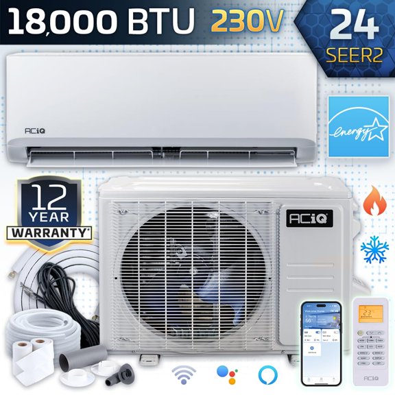 ACiQ Standard 18000 BTU 24 SEER2 Inverter Mini Split Heat Pump System with 15ft Line Set & Install Kit - R454B Single Zone | Ductless Mount AC/Heating Unit with WiFi Control (208/230v)