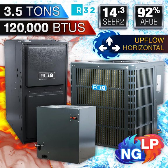 ACiQ 3.5 Ton 14.5 SEER2 Central Air Conditioner with Coil (24.5" Width) & 120K BTU 92% Natural Gas Furnace Split System | Upflow/Horizontal R32 Single Stage HVAC Unit