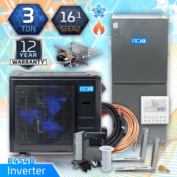 ACiQ 36,000 BTU Standard Unitary Mini Split AC/Heating System | 10kW Backup Heat Kit and 50' Install Kit | High Efficiency Ducted Condenser & Air Handler | HVAC Systems R-454B Refrigerant