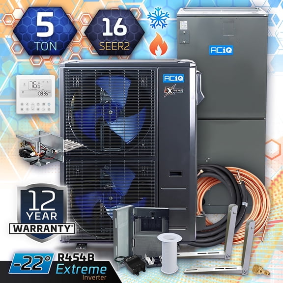 ACiQ 60,000 BTU Extreme Heat Unitary Mini Split AC/Heating System | 10kW Backup Heat Kit and 50' Install Kit | High Efficiency Condenser & Air Handler | HVAC Systems R-454B Refrigerant