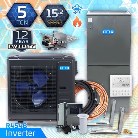ACiQ 60,000 BTU Standard Unitary Mini Split AC/Heating System | 20kW Backup Heat Kit and 50' Install Kit | High Efficiency Ducted Condenser & Air Handler | HVAC Systems R-454B Refrigerant