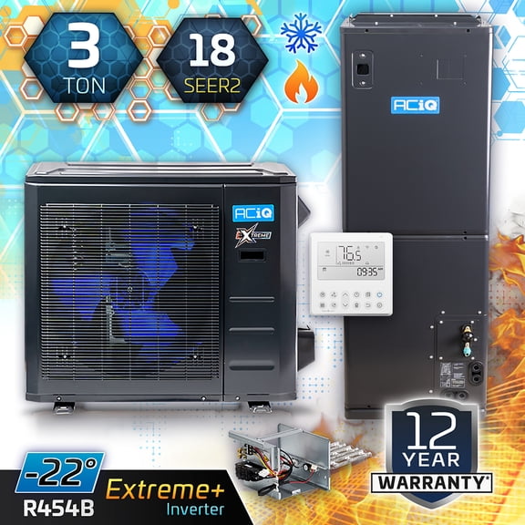 ACiQ Extreme+ Heat Inverter Central Unitary Ducted AC/Heating HVAC Unit | 36000 BTU, 3-Ton with 5kW Backup Heat Kit and Free Thermostat | High Efficiency R-454B Refrigerant