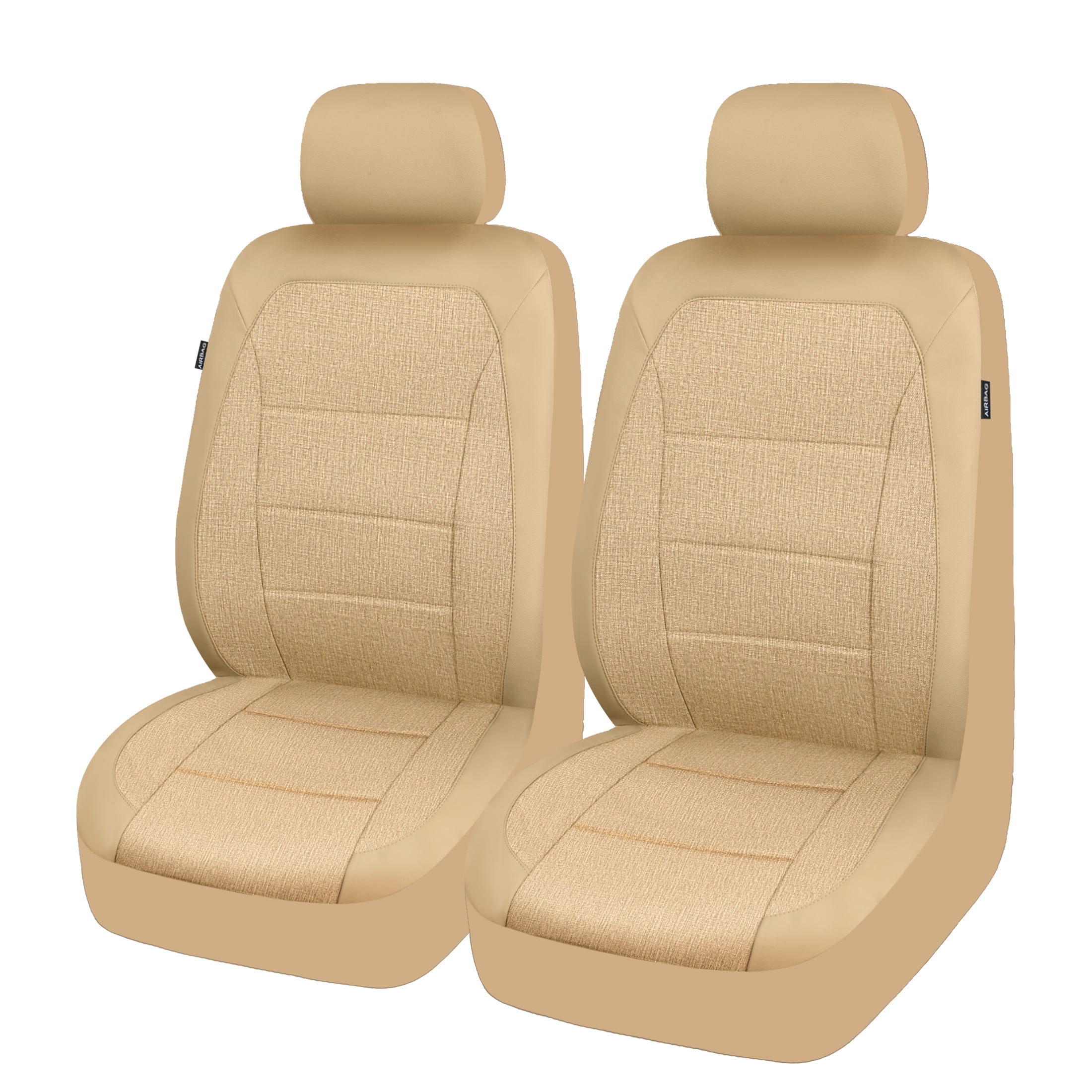 Auto Drive Tan Leatherette & Tan Linen Front Car Seat Cover,Universal Fit for Cars Trucks and SUVs,2 pack