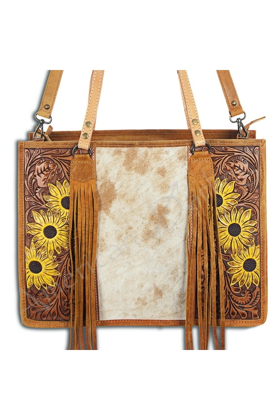 AD American Darling ADBG230TAWSUNF Briefcase Hand Tooled Hair On Genuine Leather Women Bag Western Handbag Purse