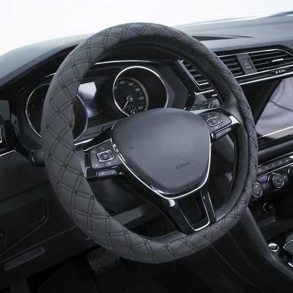 Auto Drive 1Piece Car Steering Wheel Cover Diamond Quilt Leather Black - Universal Fit, AD061728M