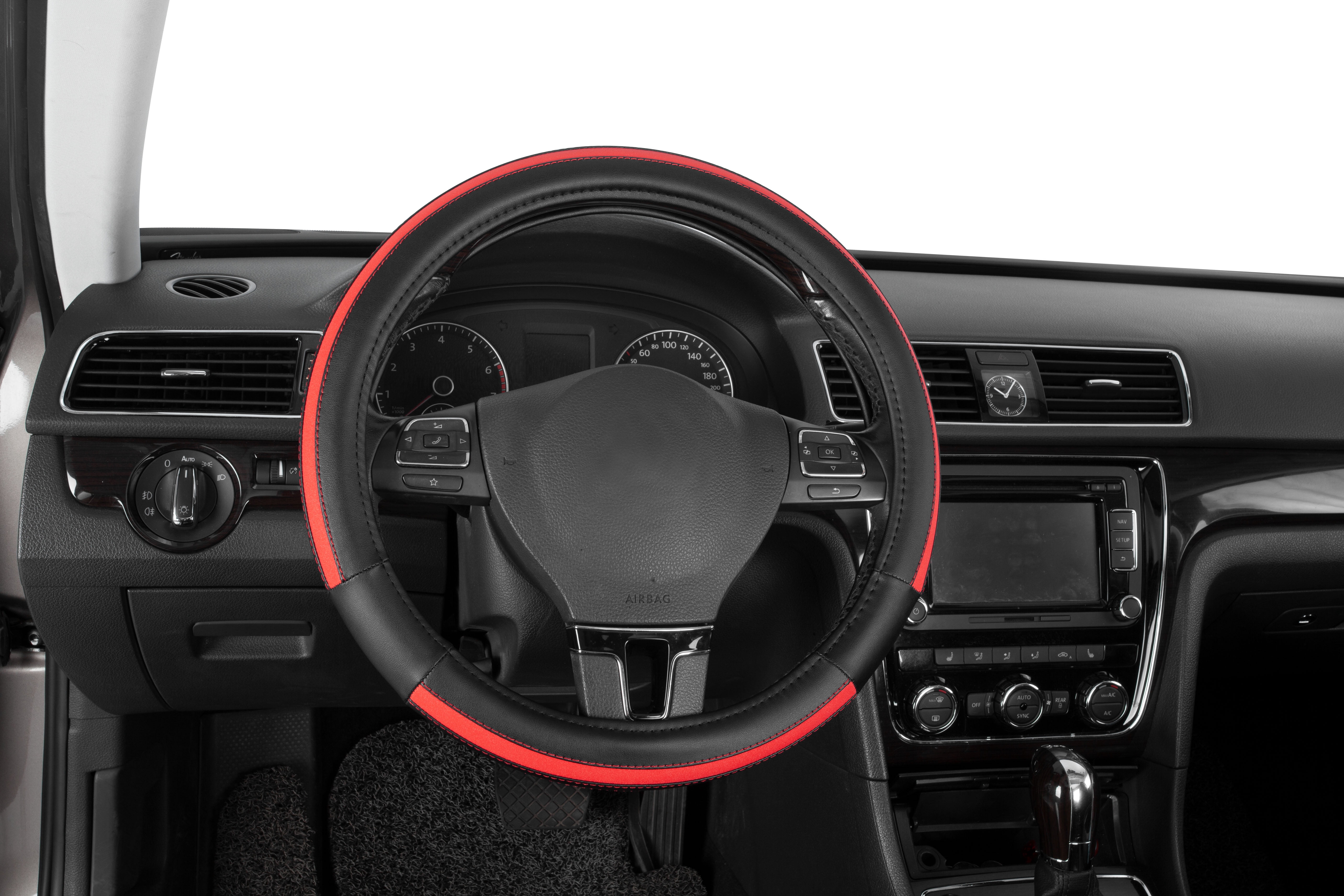 Auto Drive 1-Piece Leather Sports Car Steering Wheel Cover  Red - Universal Fit, 23SWC230