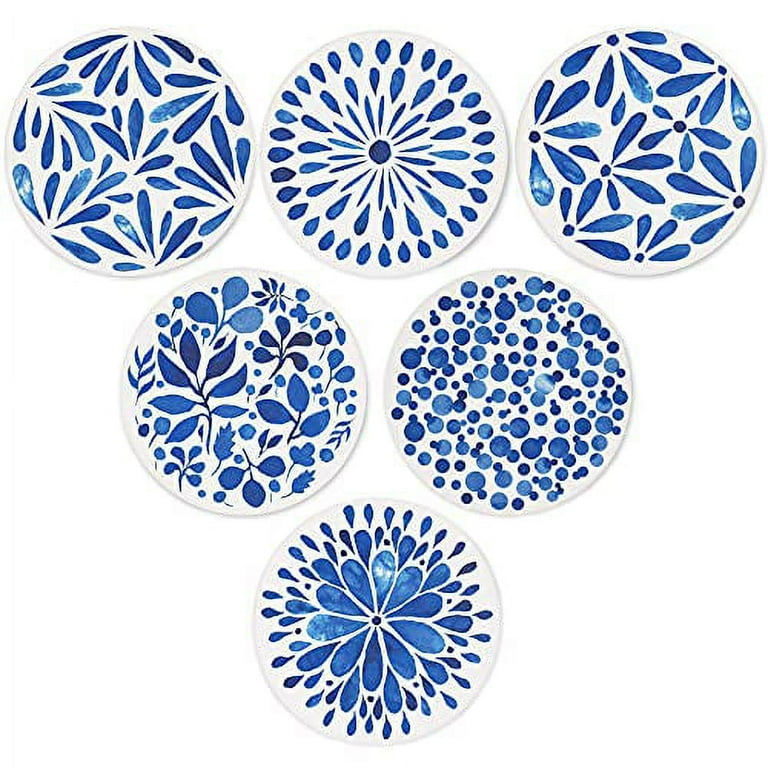 AD Set of 6 Coasters for Drinks Absorbing Round Ceramic Stone Coaster with Cork Base Tabletop Protection Mat for Mugs and Cups Office Kitchen