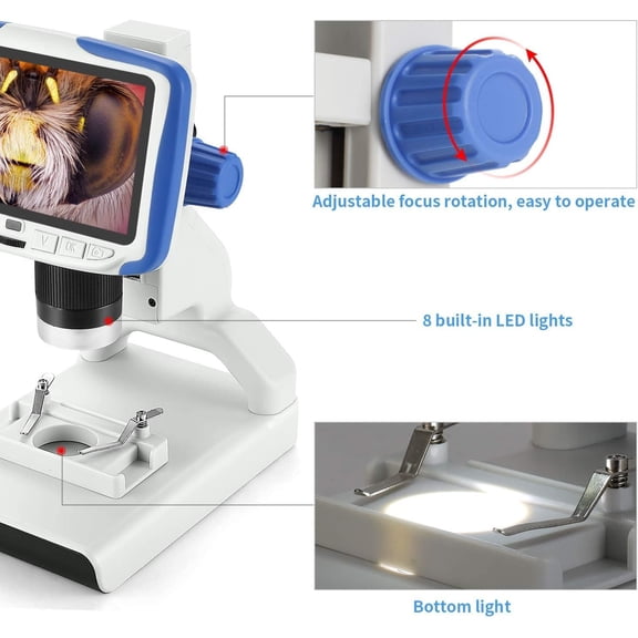 AD205 USB LCD Coin Digital Microscope for Kids 200X Magnification  5 inch Screen Lab Handheld Camera with Sample Slides