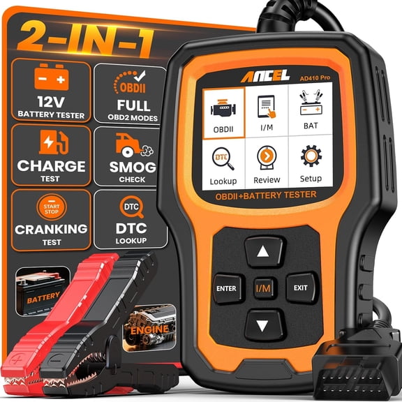 AD410 PRO OBD2 Scanner and Battery Tester, 2-in-1 Car Diagnostic Tool, Check Engine Light, EVAP Test, Live Data, 12V Analyzer with Cranking & Charging System Test for Motorcycle