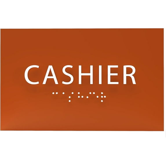 ADA CENTRAL SIGNS - 6" X4" Cashier Sign - ADA Compliant Tactile Graphics Grade 2 Braille Text Reception Desk Wall Sign | Customers Pay Delivery Cash, Front Counter, Lobby Checkout Sign for Hotel, Bank