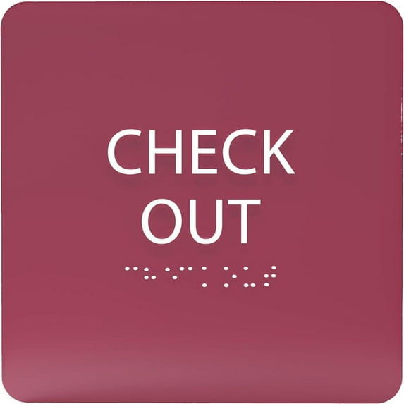 ADA CENTRAL SIGNS - 6" X6" Check Out Sign - ADA Compliant Tactile Graphics Grade 2 Braille Text Acrylic Wall Sign - Reception Desk Front Counter Checkout Signs for Hotel, Hospital, Restaurant & Store