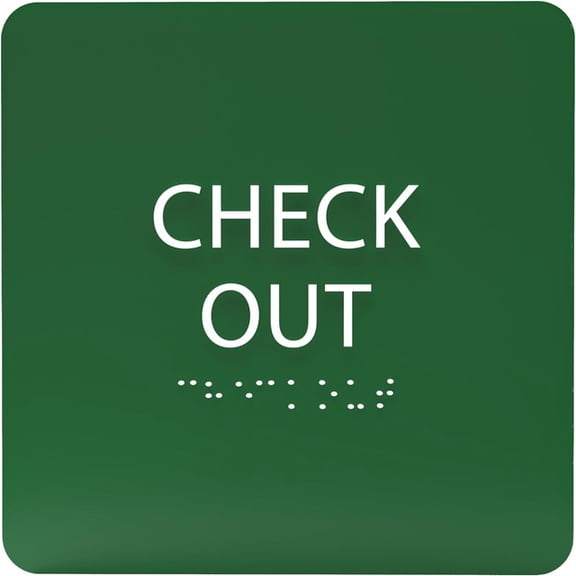 ADA CENTRAL SIGNS - 6" X6" Check Out Sign - ADA Compliant Tactile Graphics Grade 2 Braille Text Acrylic Wall Sign - Reception Desk Front Counter Checkout Signs for Hotel, Hospital, Restaurant & Store