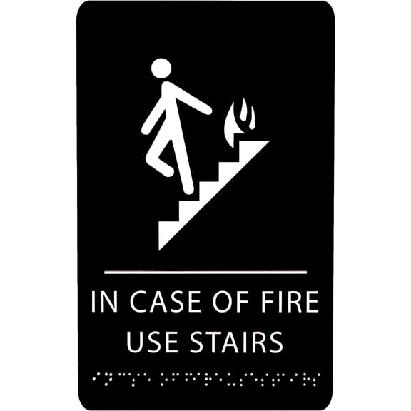 ADA CENTRAL SIGNS - 6" X9" In Case of Fire Use Stairs Sign - ADA Compliant Tactile Graphics Grade 2 Braille Text | Fire Safety Emergency Exits Wall Signs for Malls, Office, Schools, and Restaurants