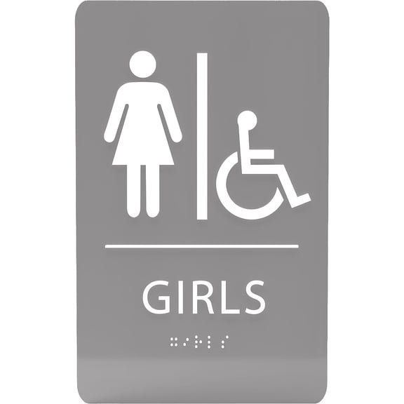 ADA CENTRAL SIGNS - 6"X9" Girls Accessible Restroom Sign - ADA Compliant Tactile Graphics Grade 2 Braille Text Wall Signs - Bathroom Door Placard Double Sided Tape Wheelchair Handicap Rest Room Sign
