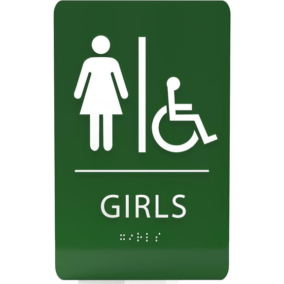 ADA CENTRAL SIGNS - 6"X9" Girls Accessible Restroom Sign - ADA Compliant Tactile Graphics Grade 2 Braille Text Wall Signs - Bathroom Door Placard Double Sided Tape Wheelchair Handicap Rest Room Sign