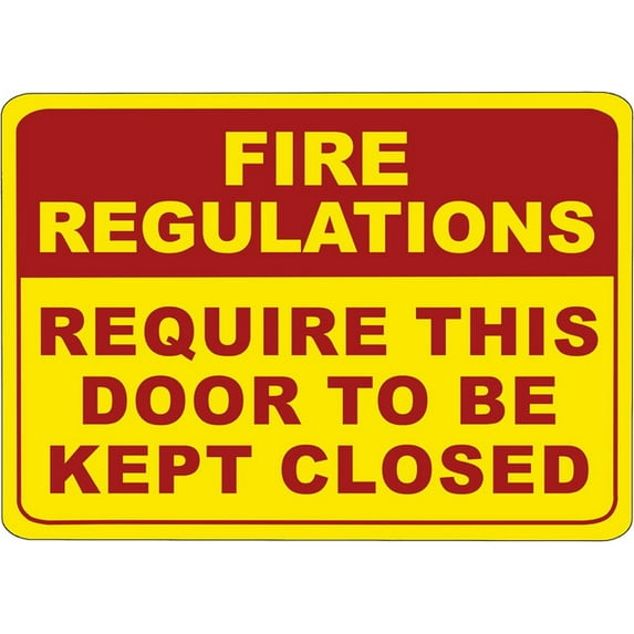 ADA CENTRAL SIGNS - Fire Regulations - Require This Door To Be Kept Closed Sign - ADA Compliant Digitally Printed Text Wall Sign - Emergency Evacuation, Safety Signs - Vinyl 3.5” x 5” Yellow and Red