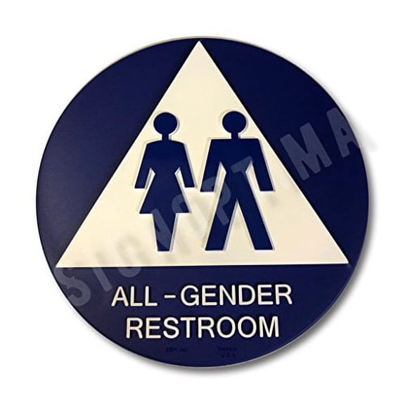 ADA Compliant, All Gender Restroom Door Sign, 12" Round, Raised Pictogram, Double Sided Tape