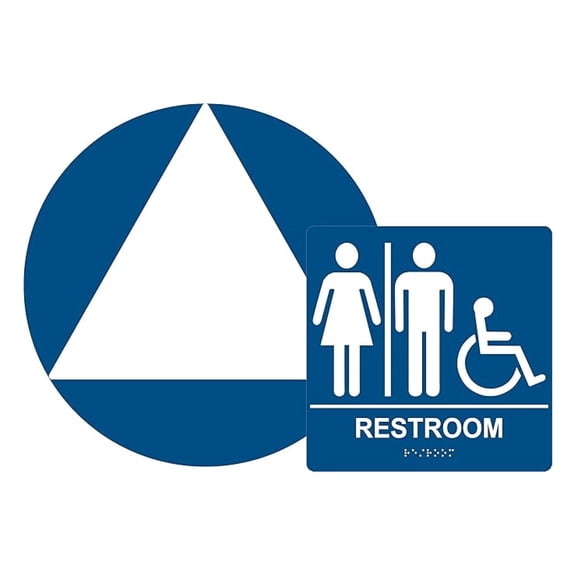 ADA Compliant All Unisex Restroom Sign Set of two, Door and Braille Wall Sign, Blue/White