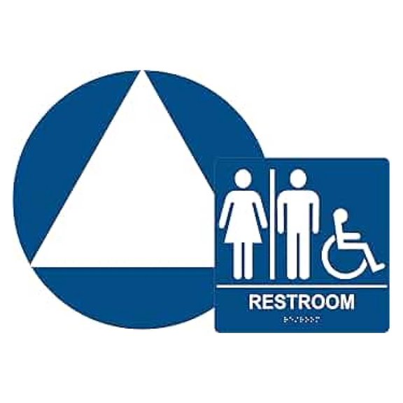 ADA Compliant All Unisex Restroom Sign Set of two, Door and Braille Wall Sign, Blue/White