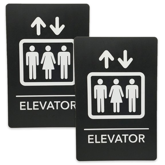 JPPlus ADA-Compliant Braille Signs Featuring Grade 2 Braille & Raised Tactile Text. Ready to Install, 2-Pack (Black/White, Elevator)