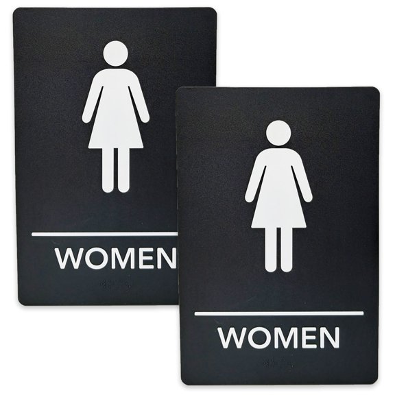 JPPlus ADA-Compliant Braille Signs Featuring Grade 2 Braille & Raised Tactile Text. Ready to Install, 2-Pack (Black/White, Women)