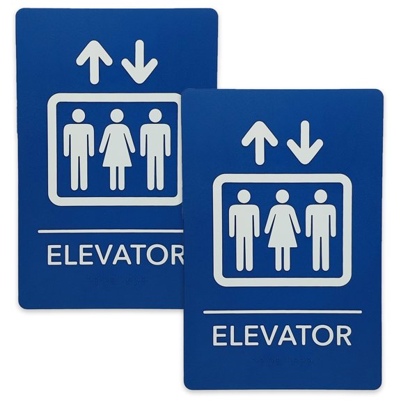 JPPlus ADA-Compliant Braille Signs Featuring Grade 2 Braille & Raised Tactile Text. Ready to Install, 2-Pack (Blue/White, Elevator)