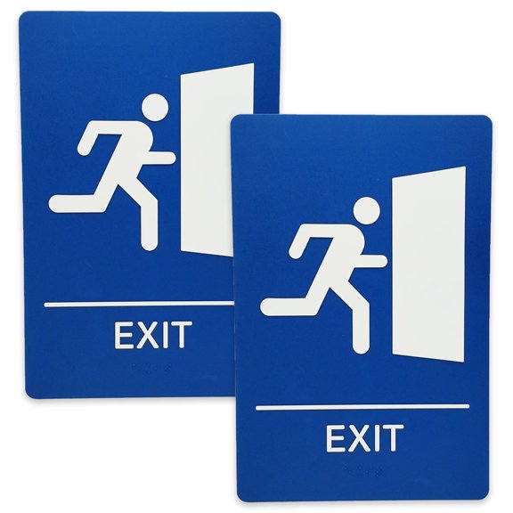 JPPlus ADA-Compliant Braille Signs Featuring Grade 2 Braille & Raised Tactile Text. Ready to Install, 2-Pack (Blue/White, Exit)