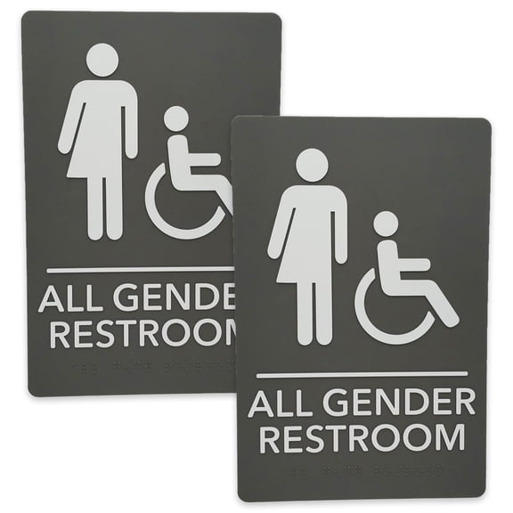 JPPlus ADA-Compliant Braille Signs Featuring Grade 2 Braille & Raised Tactile Text. Ready to Install, 2-Pack (Light Grey/White, All Gender Handicap)