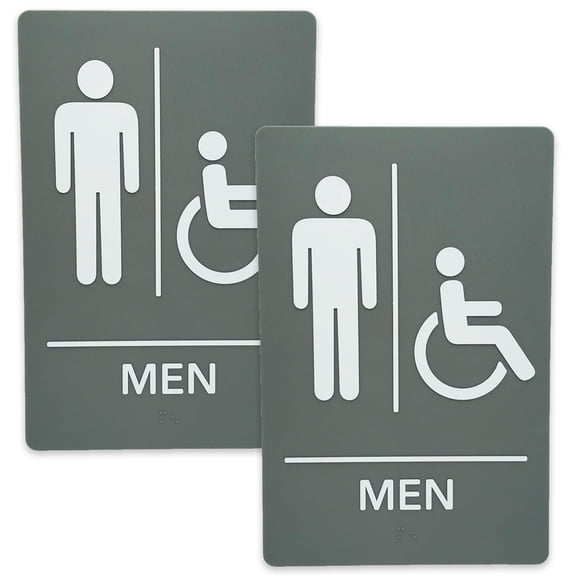 JPPlus ADA-Compliant Braille Signs Featuring Grade 2 Braille & Raised Tactile Text. Ready to Install, 2-Pack (Light Grey/White, Men Handicap)