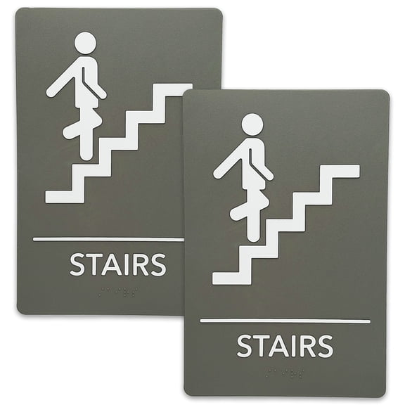 JPPlus ADA-Compliant Braille Signs Featuring Grade 2 Braille & Raised Tactile Text. Ready to Install, 2-Pack (Light Grey/White, Stairs)