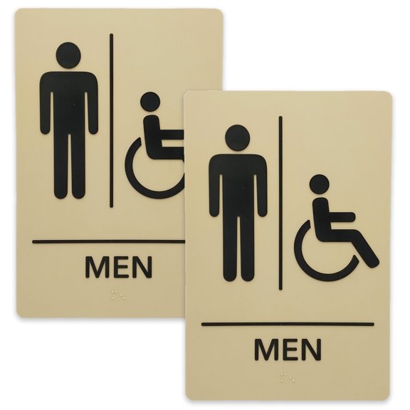 JPPlus ADA-Compliant Braille Signs Featuring Grade 2 Braille & Raised Tactile Text. Ready to Install, 2-Pack (Taupe/Black, Men Handicap)