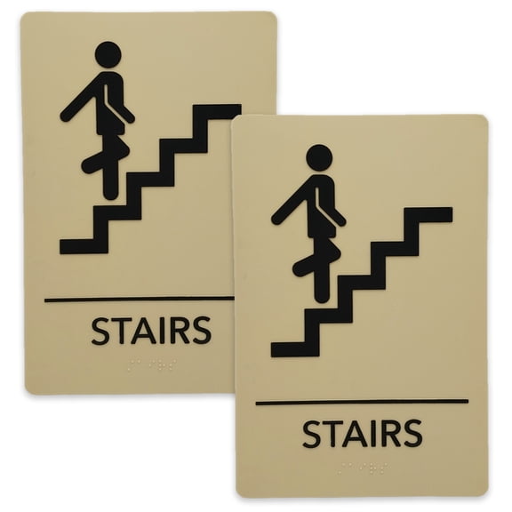 JPPlus ADA-Compliant Braille Signs Featuring Grade 2 Braille & Raised Tactile Text. Ready to Install, 2-Pack (Taupe/Black, Stairs)
