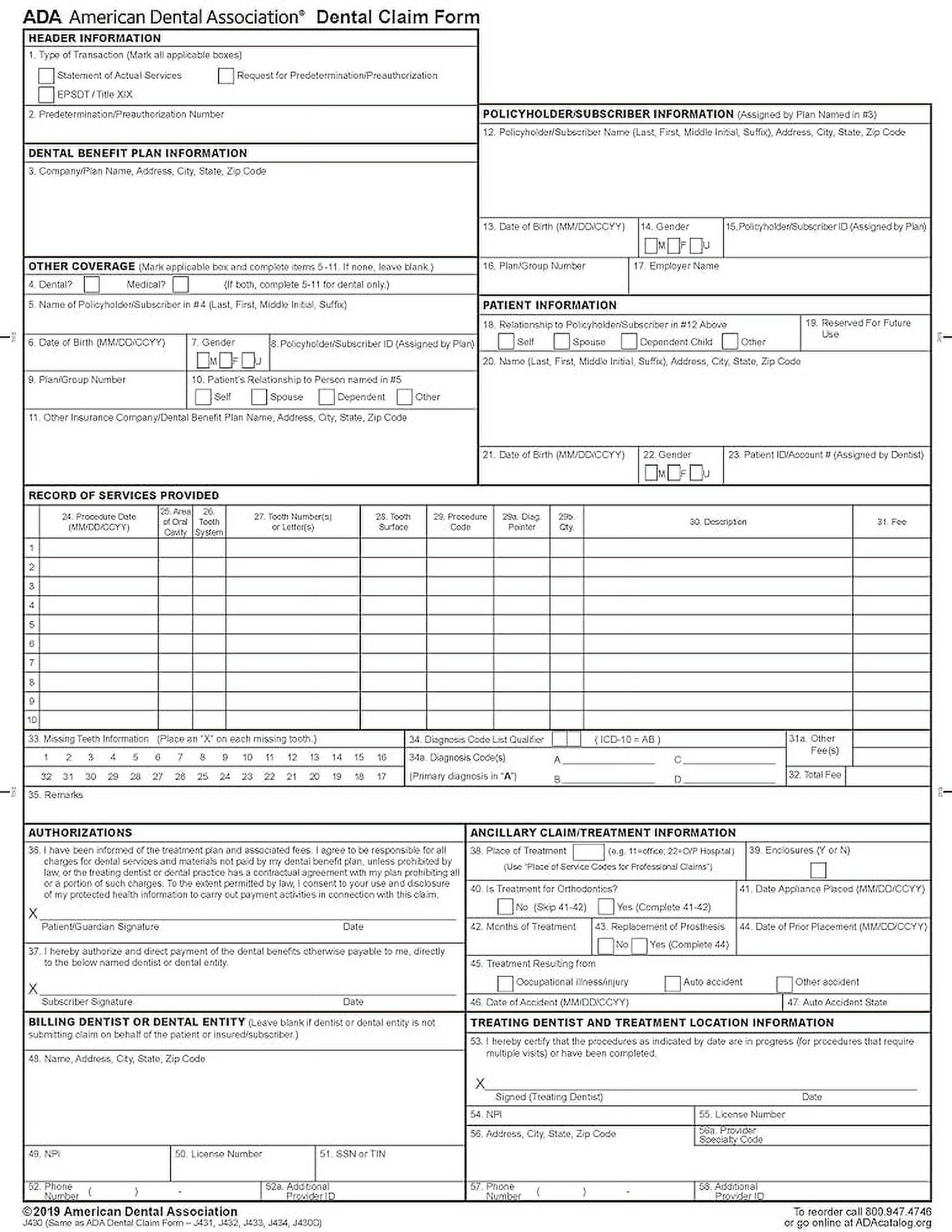 ADA Dental Claim Form (New 2019 Version), Single , 2,500