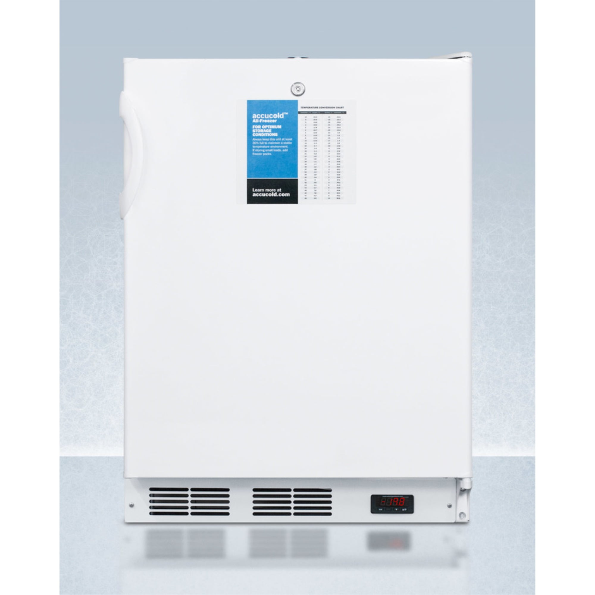 ADA compliant 24" wide -25C all-freezer for freestanding use, manual defrost with a lock and probe hole for user-installed monitoring equipment