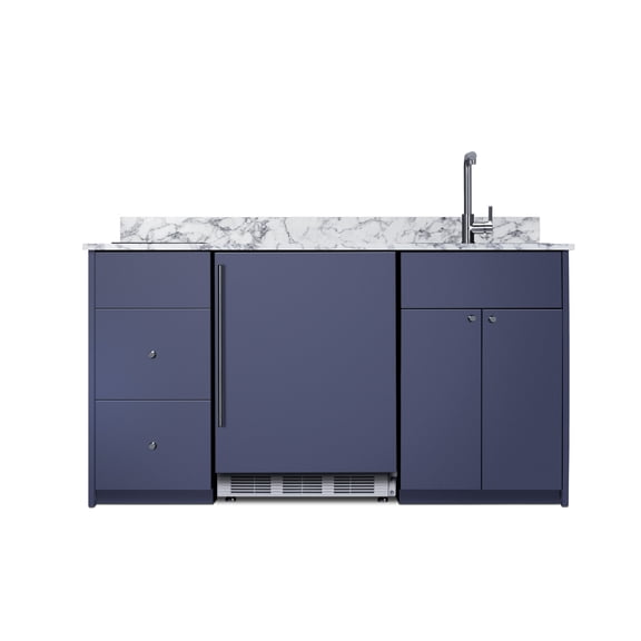 ADA height Turnkey Caldera Kitchen featuring pre-assembled cabinetry and countertop in a modern midnight navy finish.