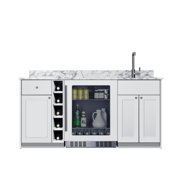 ADA-height Turnkey Oasis Wet Bar featuring pre-assembled cabinetry and countertop with stainless steel sink.