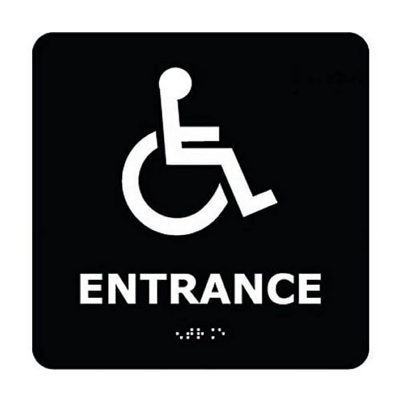 ADA17WBK National Marker ADA BRAILLE Sign, Entrance (with HANDICAP Symbol), Black, 8 Inches x 8 Inches