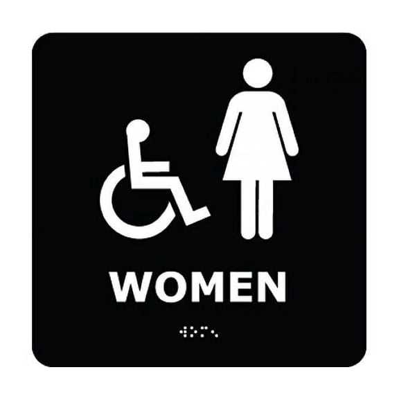 ADA5WBK National Marker ADA BRAILLE Sign, Women (with HANDICAP Symbol), Black, 8 Inches x 8 Inches