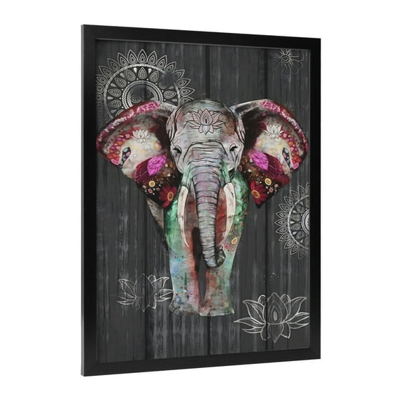 ADALE Animal Wall Art on Canvas Boho Bedroom Decor Elephant with Flower Pictures Bohemian Bathroom Wall Decor Mandala Wildlife Paintings Living Room Artwork Home Decor Black Framed 16x20 Inch