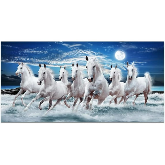 ADALE Canvas Print Wall Art - Modern Art Seven Running White Horse Animals Painting on Canvas Posters and Prints Wall Art Painting Abstract Pictures for Living Room Framed 16x12 Inch