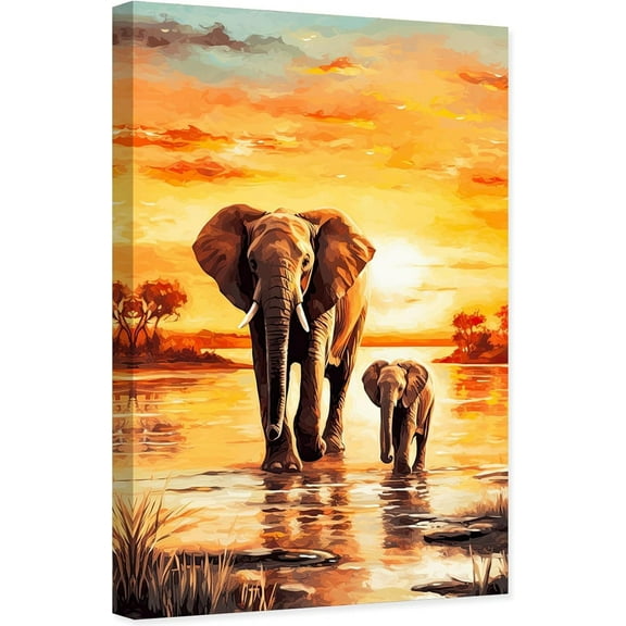 ADALE Elephant Canvas Wall Art Sunset Animal Picture Print Modern Wildlife Baby Elephant Painting for Bathroom Decor Framed 20x16 Inch