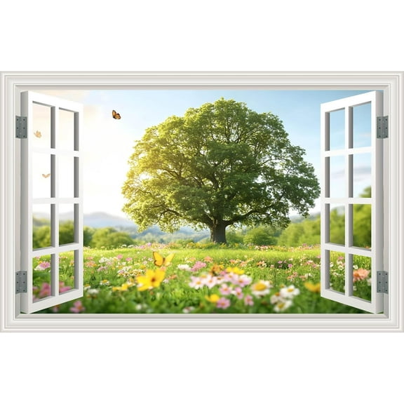 ADALE Fake Wall Decor Summer Green Forest Grassland Tree Flower Landscape Wall Mural Posters Art Faux Window Canvas Poster Open Wall Art Picture Room Decor Natural Scenery Unframe 20x16"