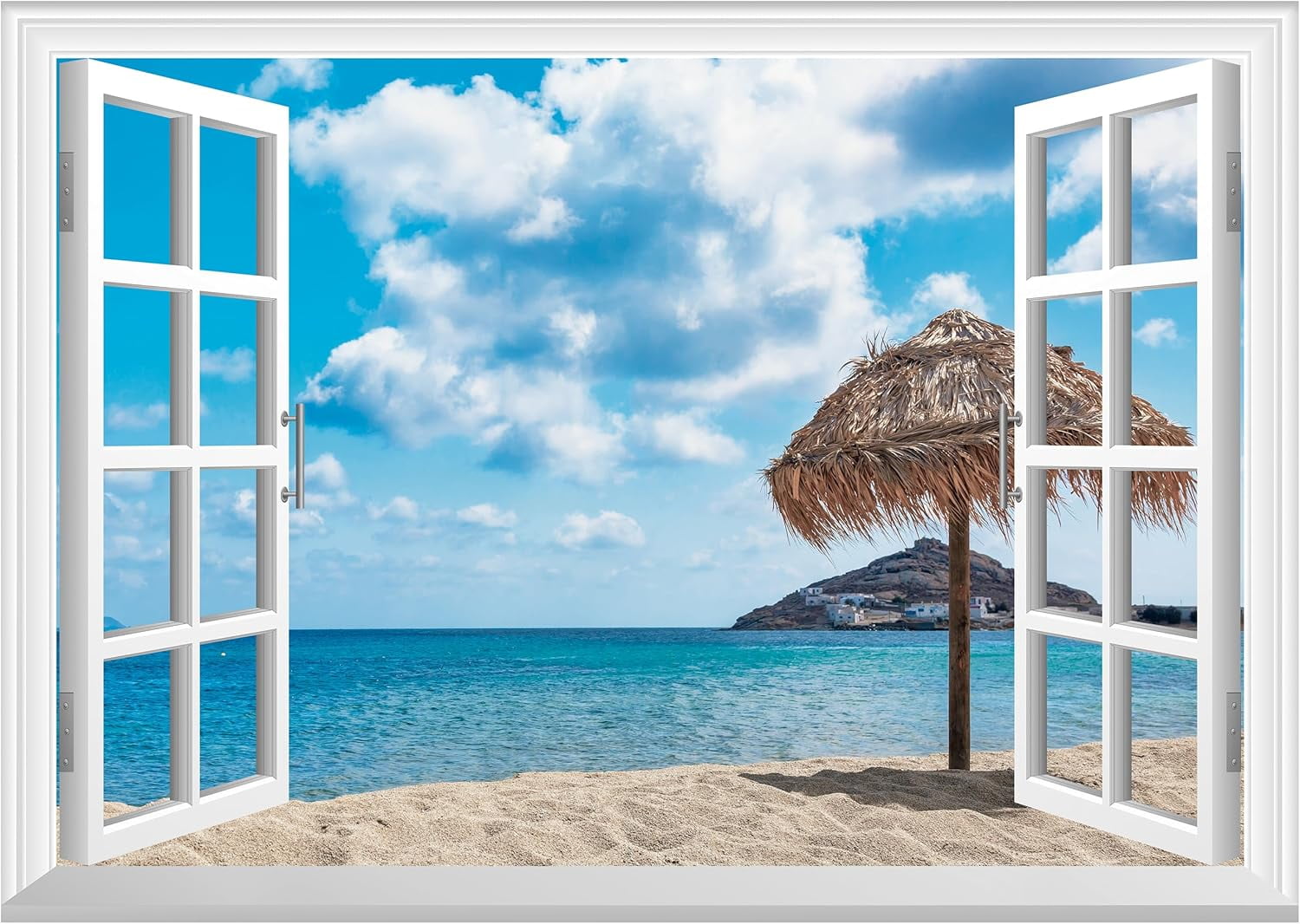 ADALE Fake Window Wall Mural Print Painting Posters Ocean Beach Faux ...
